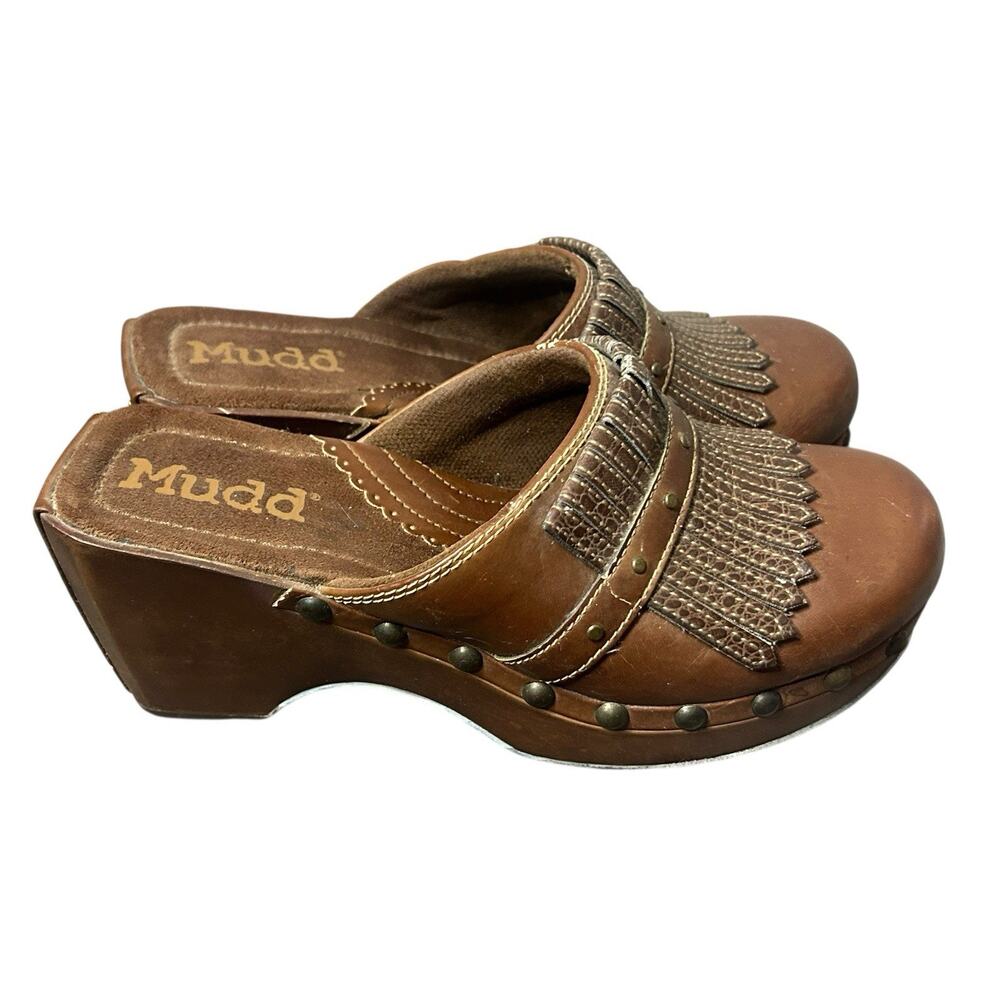 90s Y2K Vintage Mudd Chunky Platform Mule Clogs 7.5 Faux Leather Fringe Studded